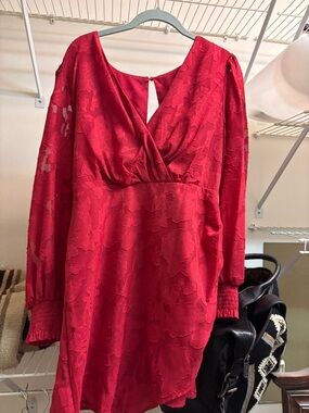 Elegant Red V-Neck Lace-Texture Women’s Dress